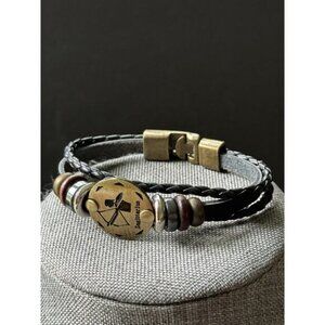 Zodiac Constellation Sagitarius Leather Bracelet Unisex Brown Gold Tone Festival